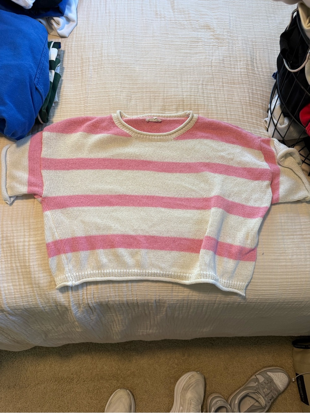 LA MIEL Pink & Cream Striped Crop Sweater